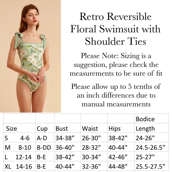 Retro Pale Green and White Floral Reversible Swimsuit with Shoulder Ties - Picture 16 of 16
